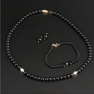 14K Black Onyx Bracelet, Necklace, and earrings with Pearl Accents